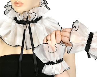 White Black Organza Ruffle Detachable Collar & Cuff Bracelet, Lace Wrist Cuff, Ruffled Lace Cuff Bracelet,Gothic Cuffs, Lolita Cuffs