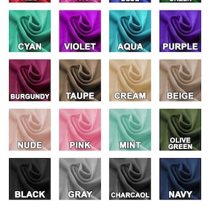 May include: A color chart featuring swatches of fabric in various shades. Colors include red, fuchsia, royal blue, emerald green, cyan, violet, aqua, purple, burgundy, taupe, cream, beige, nude, pink, mint, olive green, black, gray, charcoal, navy, and white.