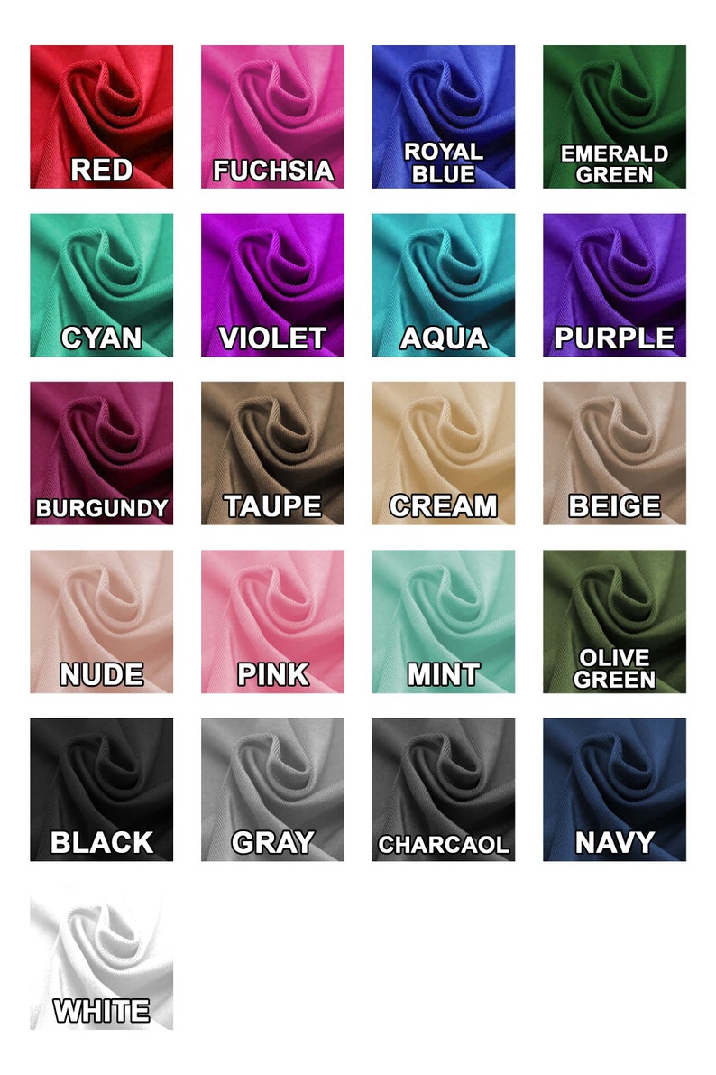 May include: A color chart featuring swatches of fabric in various shades. Colors include red, fuchsia, royal blue, emerald green, cyan, violet, aqua, purple, burgundy, taupe, cream, beige, nude, pink, mint, olive green, black, gray, charcoal, navy, and white.