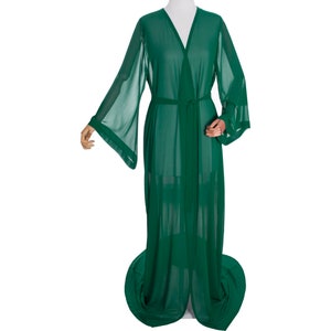 Morning Robe Kaftan Dress With Trail And Bell Sleeve, Sheer Morning Robe, Sheer Beach Cover Up, Women&#39;s Beach Kaftan Dress In Emerald Green