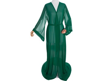 Morning Robe Kaftan Dress With Trail And Bell Sleeve, Sheer Morning Robe, Sheer Beach Cover Up, Women's Beach Kaftan Dress In Emerald Green