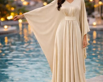 Kremowa sukienka maxi kaftan w kolorze szampańskim, letnia sukienka plażowa