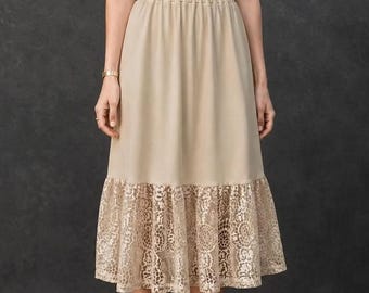 Prolunga per gonna in pizzo beige, sottoveste con orlo in pizzo, sottogonna modesta, sottogonna midi con elastico in vita, gonna da indossare a strati
