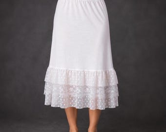 White Ruffle Ruffle Skirt Extender, Lace Underskirt, Layered Petticoat, Cotton Slip Skirt