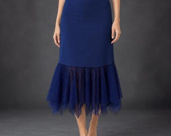 Sottogonna allungabile in tulle Royal Navy, sottogonna in rete a pois, fodera per gonna midi, sottogonna da indossare sopra altri indumenti, sottogonna fatta a mano