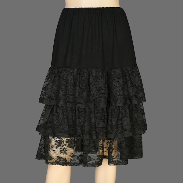 Three Layered Gathered Lace Skirt Extender Slip, Dress Extender Slip, Top Shirt Extender Slip, Black- WITH LENGTH OPTION
