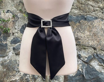 Black Faux Silk Sash Belt, Wide Satin Sash, Wedding Accessories, Black Satin Belt, Black - COLOR & LENGTH Option