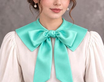 Detachable Collar, Victorian Satin Collar, Statement Neck Ruff with Bow, Romantic Costume Accessory, Cyan Blue Color