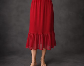Gonna midi rossa allungabile, sottoveste con orlo in chiffon, gonna da indossare a strati, sottogonna da donna, gonna sottoveste con elastico in vita