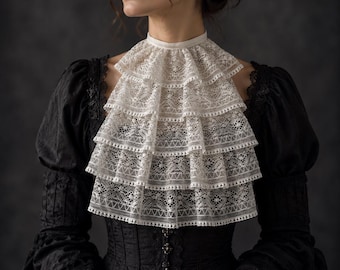 Victorian Lace Jabot Collar, Ivory Ruffle Neckpiece, Detachable Lace Collar, Romantic Statement Collar