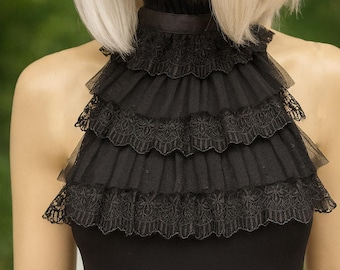 Black Lace Ruffle Collar & Tied Cuff, Jabot, Victorian Jabot, Jabot collar,  Vampire dress up, Ascot, Pirate costume