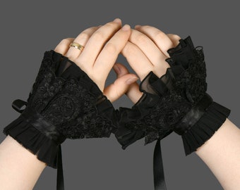 Black Lace Steampunk Lolita Gothic Tulle Cuffs Winkled Ruffled Tied Detachable Fake Sleeves, Lolita Wrist Cuffs,Elegant Ladies Tulle Gloves