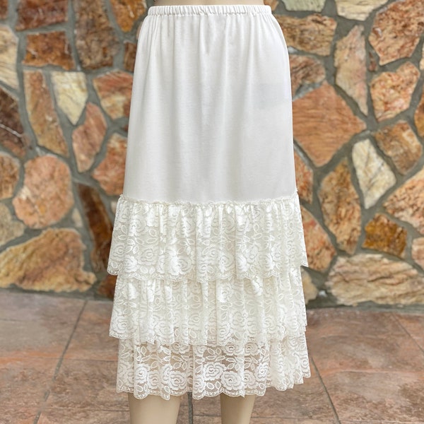 Off White Three Layer Ruffle Skirt Extender, Plus Size Long Tiered Underskirt, Gathered Dress Extender Slip  - WITH LENGTH OPTION
