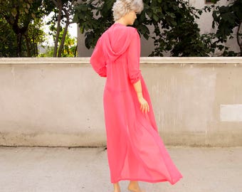 Chiffon Hooded Sheer Kimono Kaftan Dress, In Neon Pink With Long Sleeve, Sheer Woman Robe