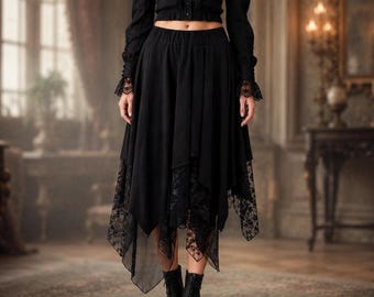 Gonna nera con orlo a fazzoletto in pizzo, gonna midi asimmetrica gotica, gonna a strati boho da fata, abbigliamento da festival stregonesco con vita elasticizzata