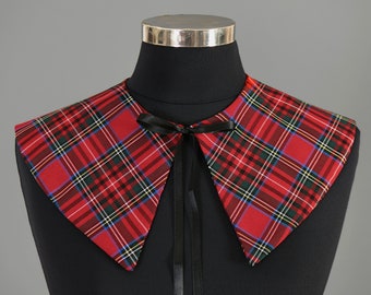 Grote puntige vorm Royal Stewart Tartan handgemaakte afneembare kraag, afneembare Peter Pan kraag met lovertjes