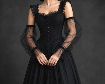Black Tulle Detachable Sleeves, Gothic Victorian Arm Cuffs, Sheer Ruffle Sleeves