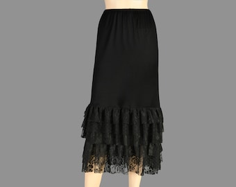 Three Layered Gathered Lace Skirt Extender Slip, Dress Extender Slip, Top Shirt ExtenderSlip, Black - WITH LENGTH OPTION