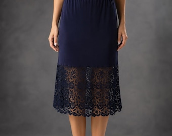 Sottoveste lunga in pizzo blu navy, sottogonna modesta con orlo in pizzo floreale