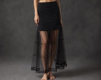 Sottogonna in tulle nero trasparente, gonna a rete, fodera per gonna con elastico in vita, prolunga per gonna fatta a mano
