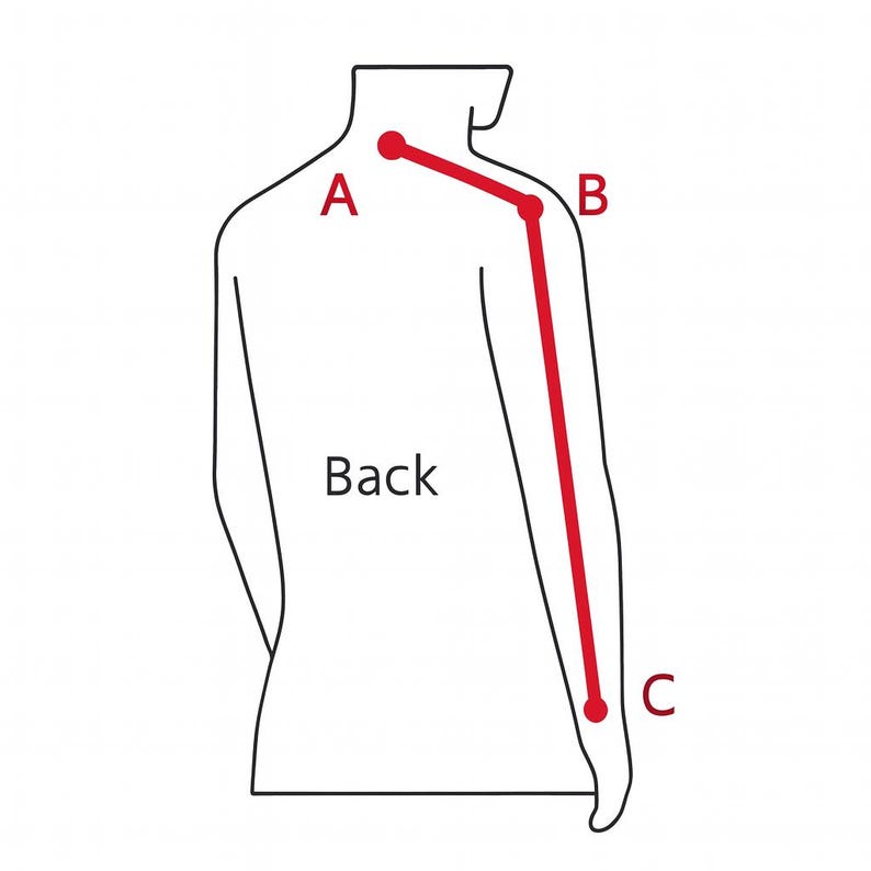 May include: Diagram of a human torso from the back, with a red line indicating a measurement from point A to C. The word "Back" is written below the torso outline. Points A, B, and C are labeled.