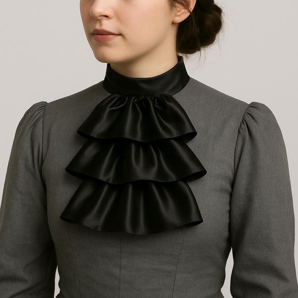 Black Satin Ruffle Collar & Wrist Tied Cuff, Satin Jabot, Victorian Jabot collar,  Vampire dress up, Ascot, Pirate costume, Ivory, Navy Blue