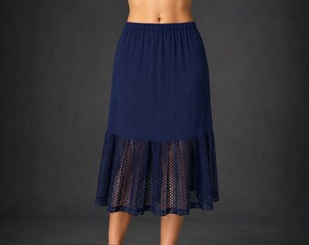 Navy Blue Lace Skirt Extender, Midi Half Slip with Lace Hem, Dress Lengthener, Layering Underskirt