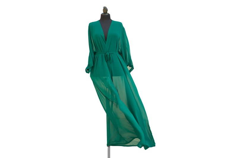 Cover Up Robe Kimono Kaftan Dress, Sheer Morning Robe Sheer Beach, Cover Up, Women's Beach Kaftan Dress, In Emerald Green 
