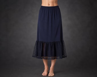 Navy Blue Lace Skirt Extender, Midi Half Slip with Lace Hem, Dress Lengthener, Layering Underskirt
