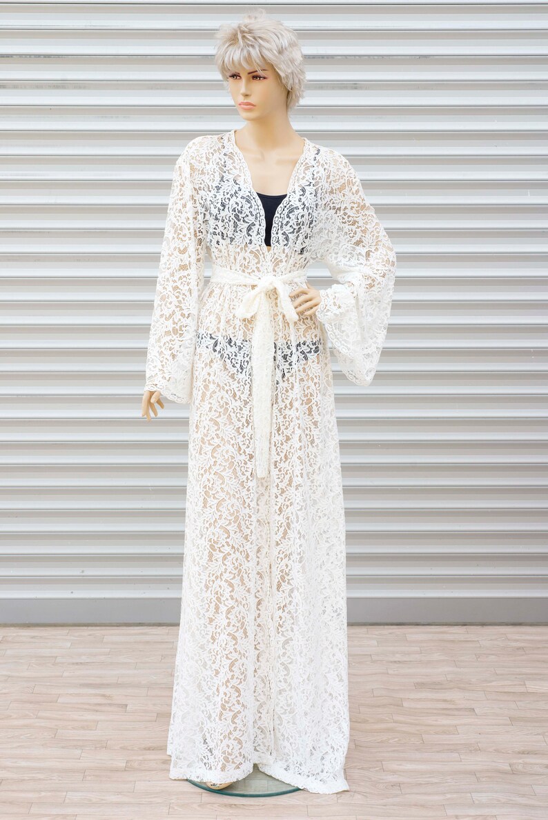 Long Lace Bridal Robe Wedding Day Robe Gown in White Sheer Etsy
