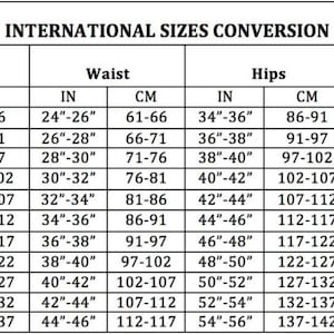 May include: A white chart titled "INTERNATIONAL SIZES CONVERSION" displays size conversions. It includes bust, waist, and hip measurements in inches and centimeters, along with UK/AU, Euro, and USA sizes. Sizes range from Small to 8XL.