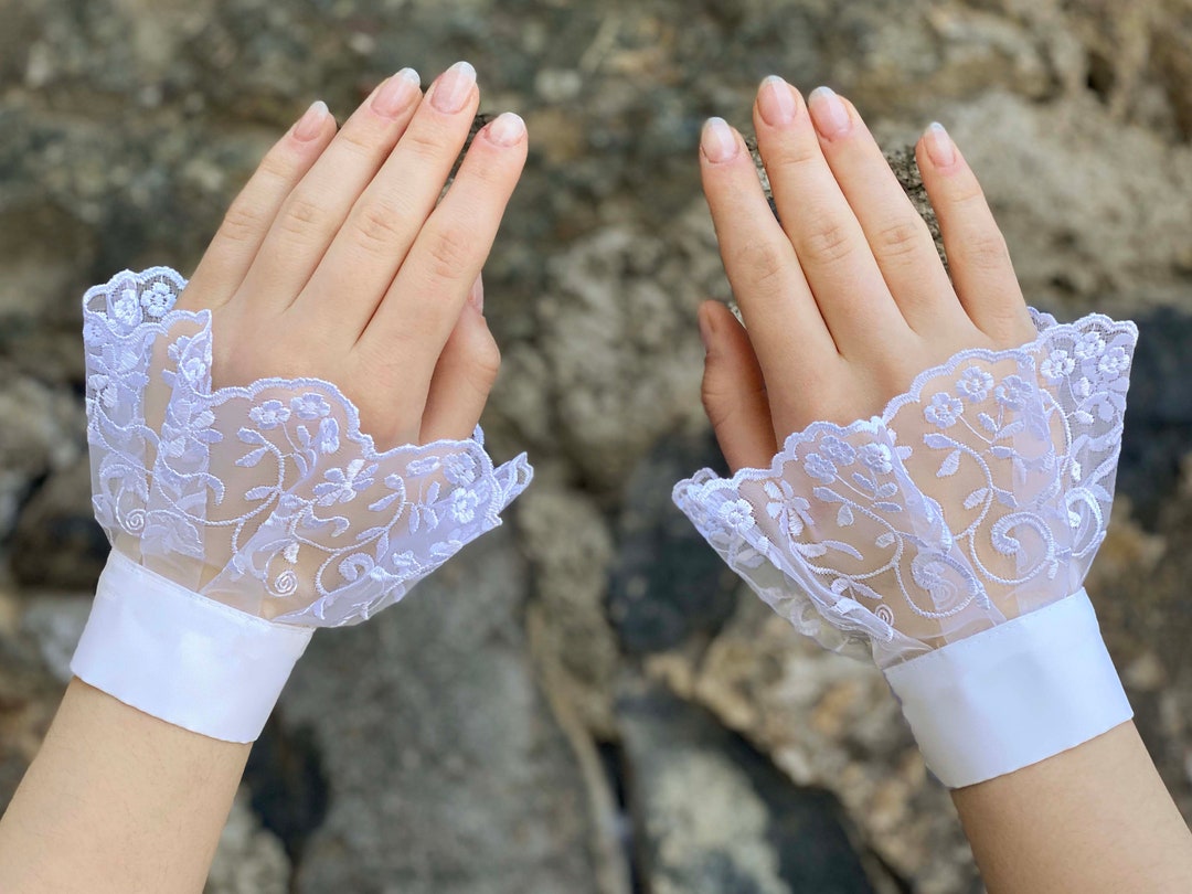 White Lace Sleeve Extender, Wrist Cuff Set of 2, Ruffle Cuffs, One
