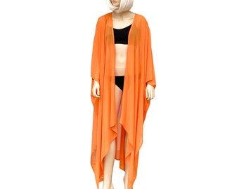 Asymmetrische pure kimono kaftan jurk, losse pure kimono, doorzien lange kaftan, lichtgewicht zomerjas, oranje, zwarte kleuroptie