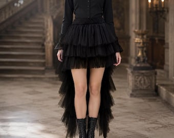 Gonna nera a balze in tulle, gonna lunga gotica asimmetrica, gonna vittoriana con volant