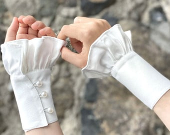 White Ruffle Sleeve Extender, Wrist Cuff Set of 2, Ruffle Cuffs, One Layer Elegant Cuffs