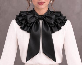 Detachable Ruffle Collar, Victorian Satin Collar, Statement Neck Ruff with Bow, Romantic Costume Accessory
