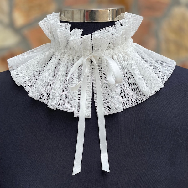 Col à collerette en tulle à pois, Collier détachable, Collier collier, Faux collier, Grand col, De Blanc