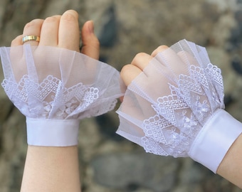 White Lace Sleeve Extender, Wrist Cuff Set of 2, Ruffle Cuffs, Two Layer Elegant Cuffs