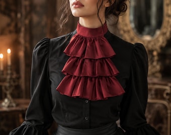 Colletto jabot in raso bordeaux, romantico colletto vittoriano con volant, colletto staccabile di grande effetto per donna