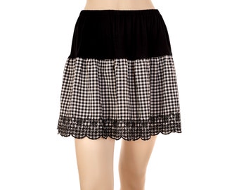 Black White Gingham Embroidered Skirt Extender Slip,Dress Extender Slip - WITH LENGTH OPTION