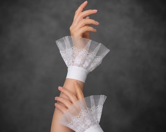 White Lace Cuffs, Victorian Ruffle Wrist Cuffs, Detachable Tulle Sleeve Extenders, Romantic Costume Accessory