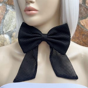 Black Woman Tie Bow In Fish Net Fabric, Ascot Tie,  Bow Tie For Women, Bow Choker, Bow Neck Tie, Bow Necklace, Bow Tie Adjustable,