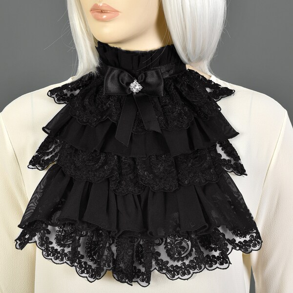 Black Lace Ruffle Detachable Collar & Tied Cuff, Lace Jabot, Victorian Jabot, Jabot collar,  Vampire dress up, Lace Ascot, Pirate costume