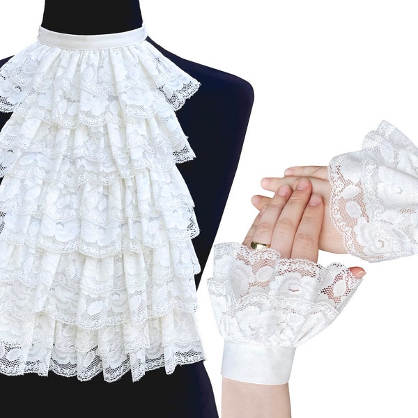 White Ruffle Detachable Collar & Cuff, Lace Jabot, Victorian Jabot, White Jabot collar,  Vampire dress up, Lace Ascot, Pirate costume