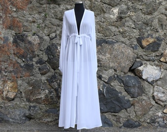 White Kaftan Dress Robe, Long Sleeve, Chiffon Kimono Kaftan Dress, Morning Robe In White, Sheer Woman Robe, Women&#39;s Beach Kaftan Dress