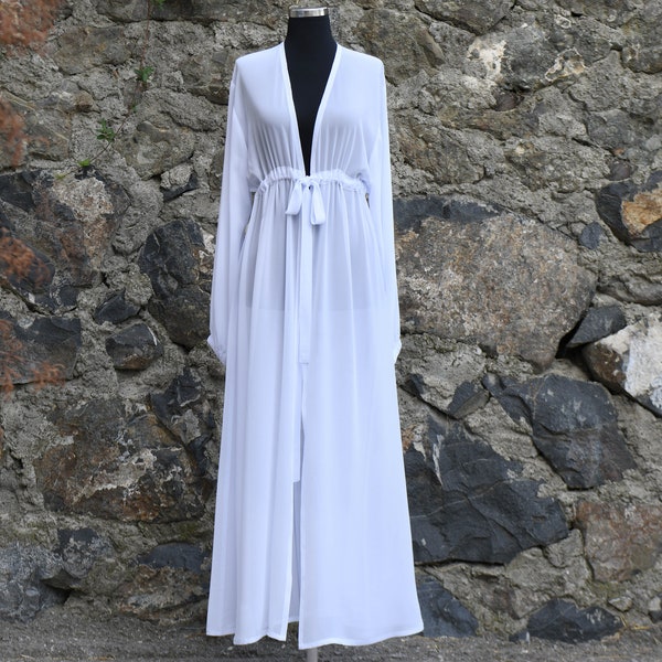 White Kaftan Dress Robe, Long Sleeve, Chiffon Kimono Kaftan Dress, Morning Robe In White, Sheer Woman Robe, Women's Beach Kaftan Dress