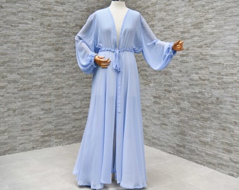 Woman Sheer Robe, Sheer Morning Robe, Sheer Beach Cover Up, Women's Beach Kaftan Dress, In Sky Blue,