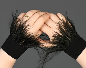 Black Sleeve Extender, feather bracelets, Costume Wristlets, Burlesque Dangles, feathered jewelry, Samba, Belly Dance Gloves