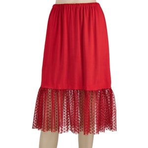 Tiered Ruffle Polka Dot Long Skirt Extender Slip, Dress Extender Slip, Lace Top Shirt Extender, Red- WITH LENGTH OPTION