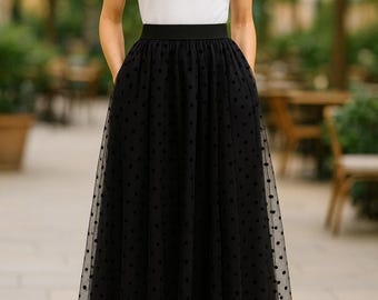 Black Long Polka Dot Tulle Maxi Skirt With Lining, Navy Blue